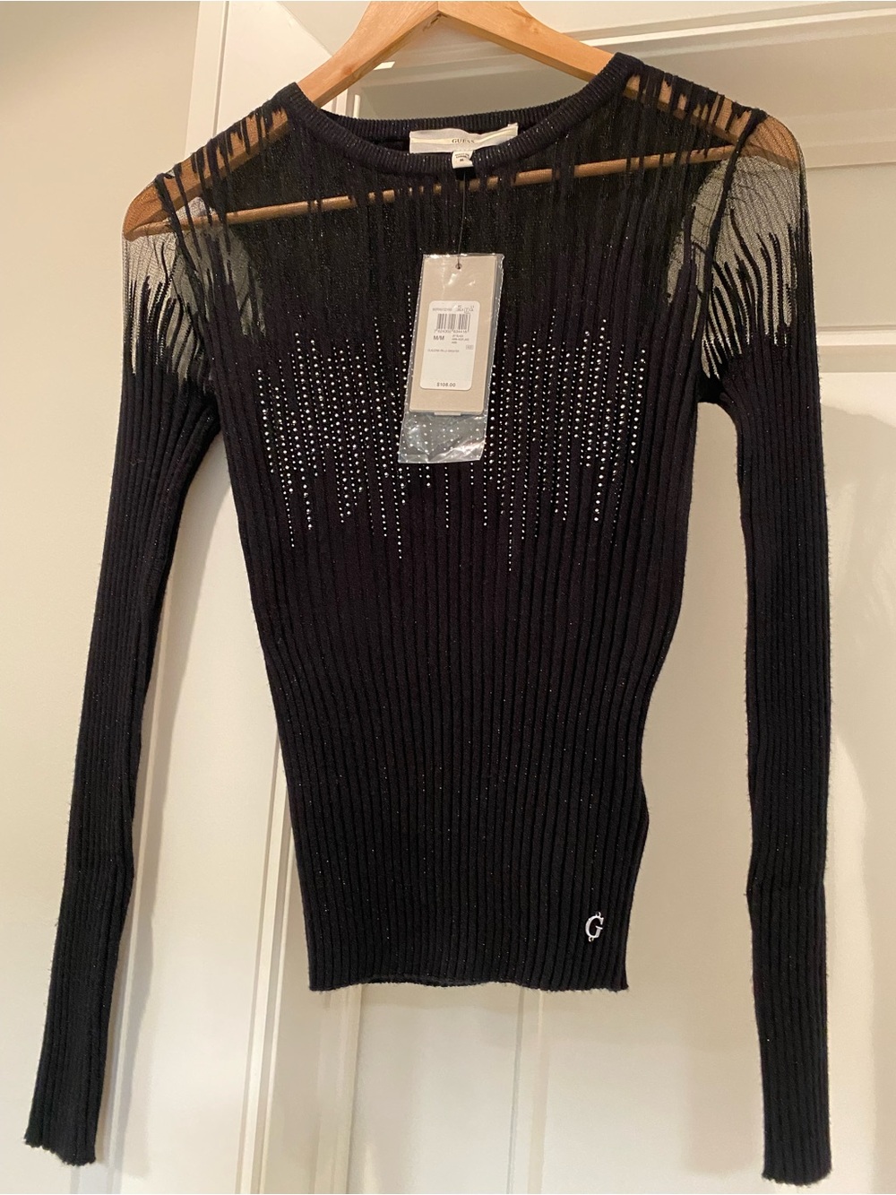Guess Black Ribbed Crewneck Sweater with Sheer Yoke and Rhinestones